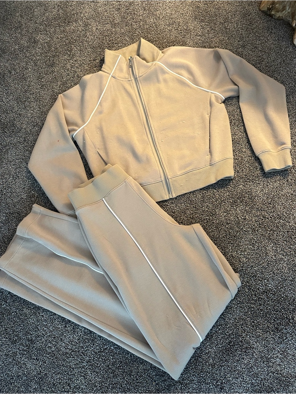 SPANX Taupe Track Jacket & Jogger Set with White Piping small tall